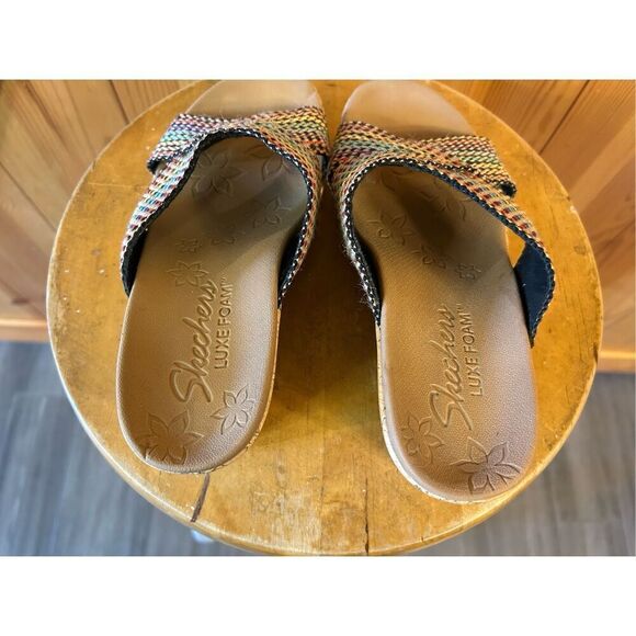 Skechers Luxe Foam Multi-Color Wedge Heel Sandals Slides Women's sz 8 - Picture 5 of 10